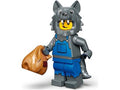Gray wolf costume figurine with blue overalls and brown satchel, front view