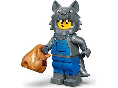 Gray wolf costume figurine with blue overalls and brown satchel, front view
