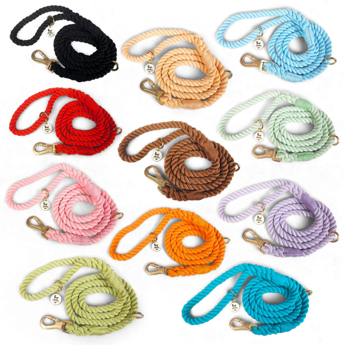 Braided rope leash set with metal clips and round charm in multiple colors