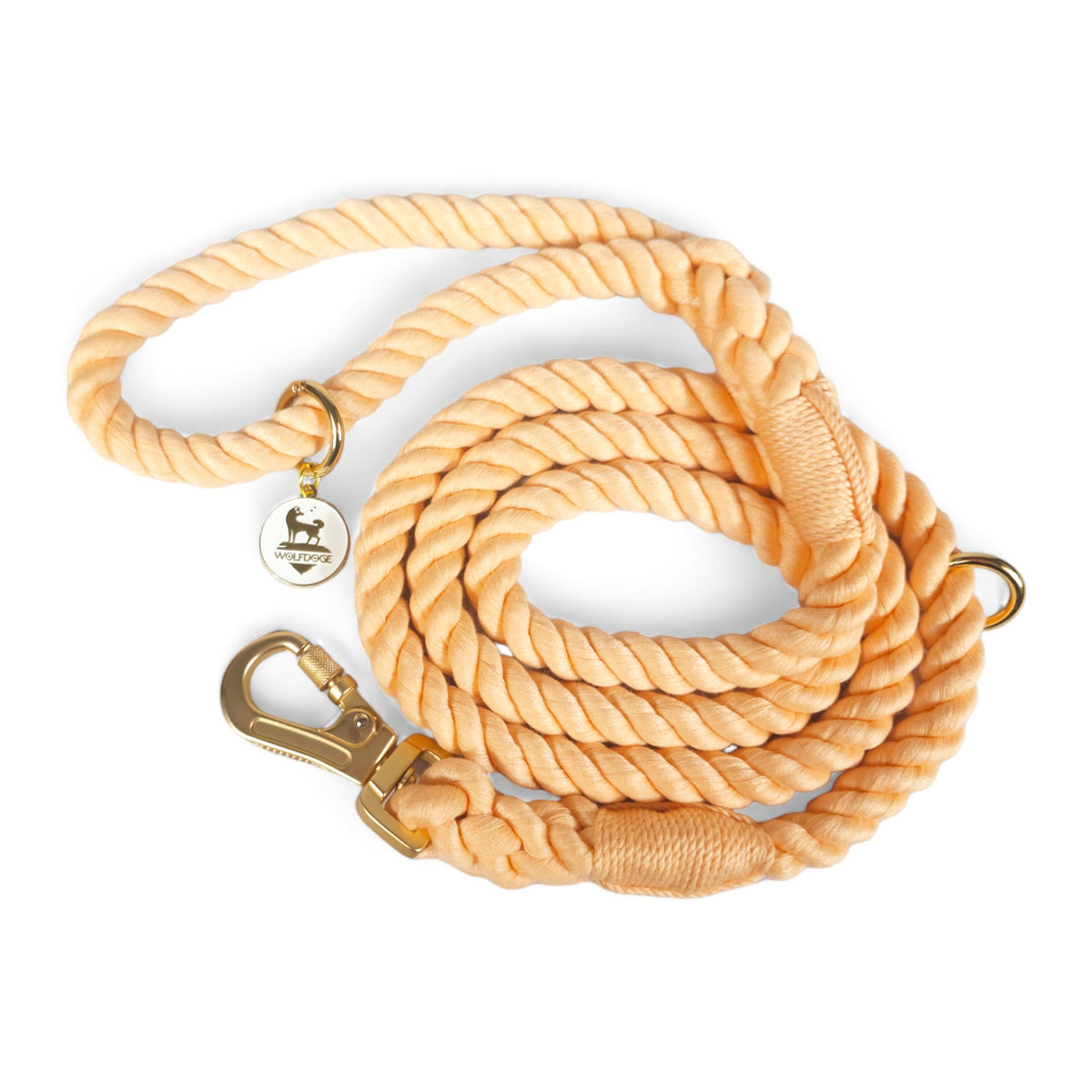 Peach braided rope leash with gold metal clip and round charm tag