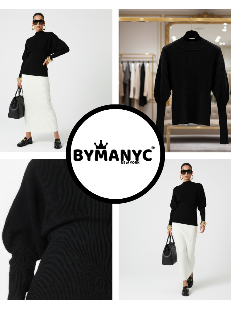 Black knit pullover with crew neck, ribbed cuffs, and ribbed hem detail