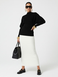 Black knit pullover sweater with crew neck, wide sleeves, and ribbed hem cuffs