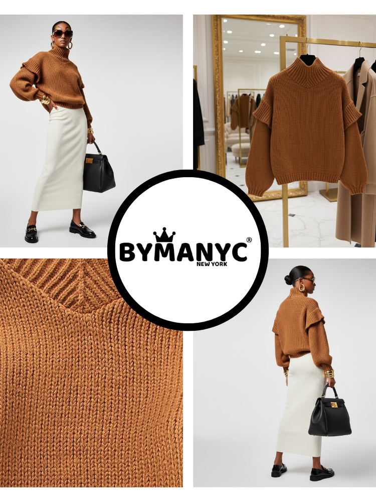 Brown chunky-knit turtleneck sweater, close-up of ribbed collar and weave texture