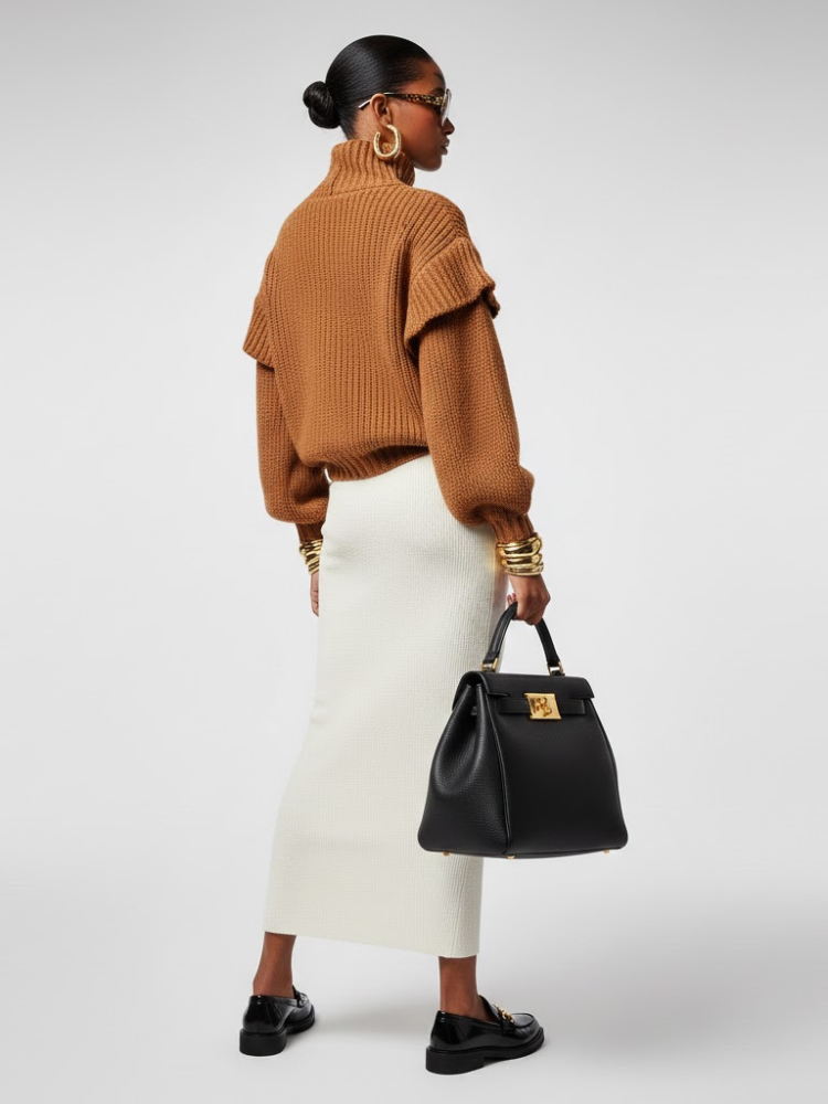Brown knit sweater with high neck, ribbed sleeves and hem, shown from back