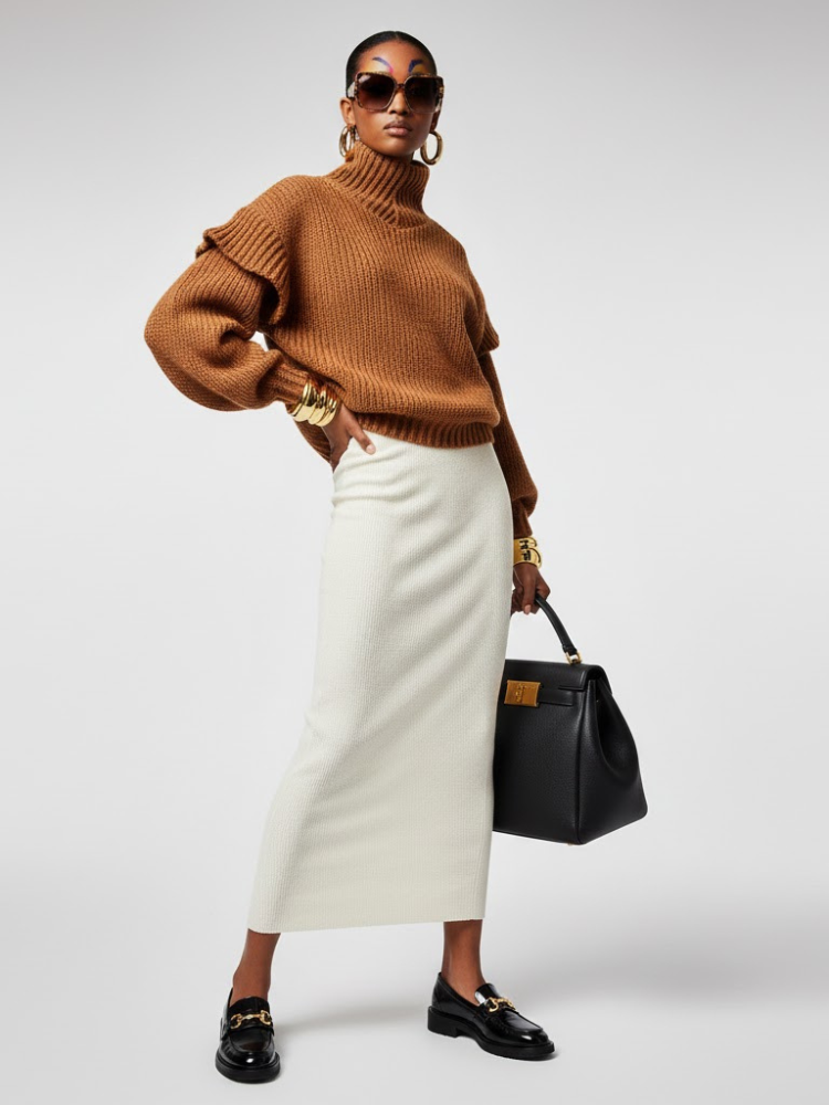 Brown knit turtleneck sweater with long sleeves and ribbed cuffs, worn with white skirt