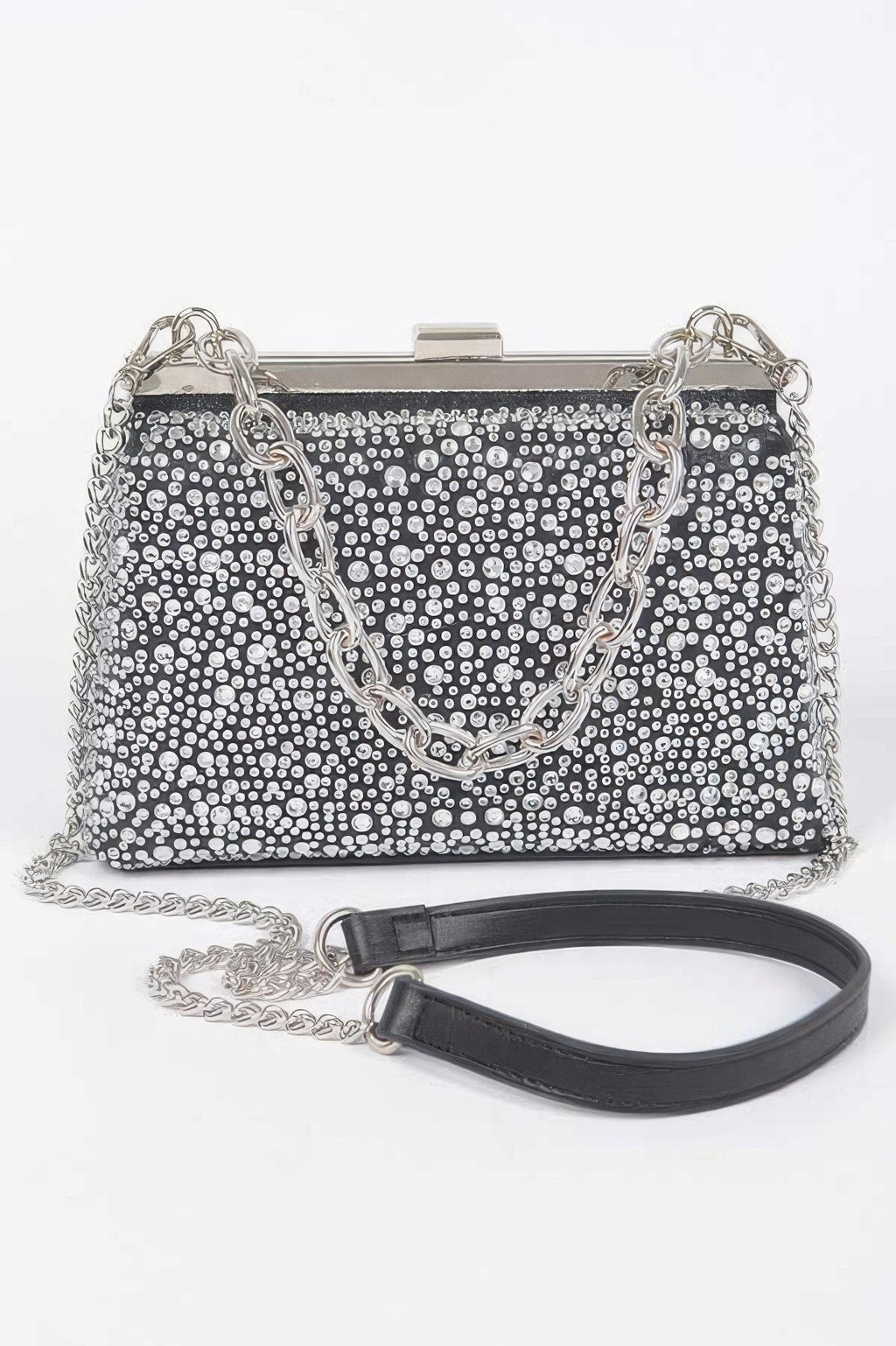 Rhinestone hotfix clutch handbag with top handle and crossbody chain, black trim