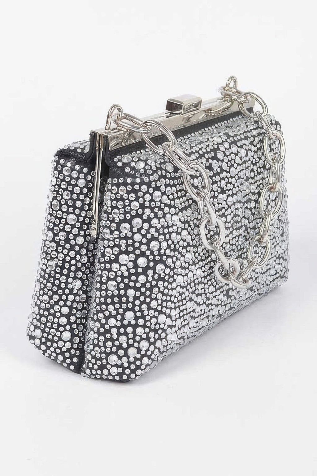 Rhinestone hotfix clutch handbag with chain strap and clasp closure, black lining