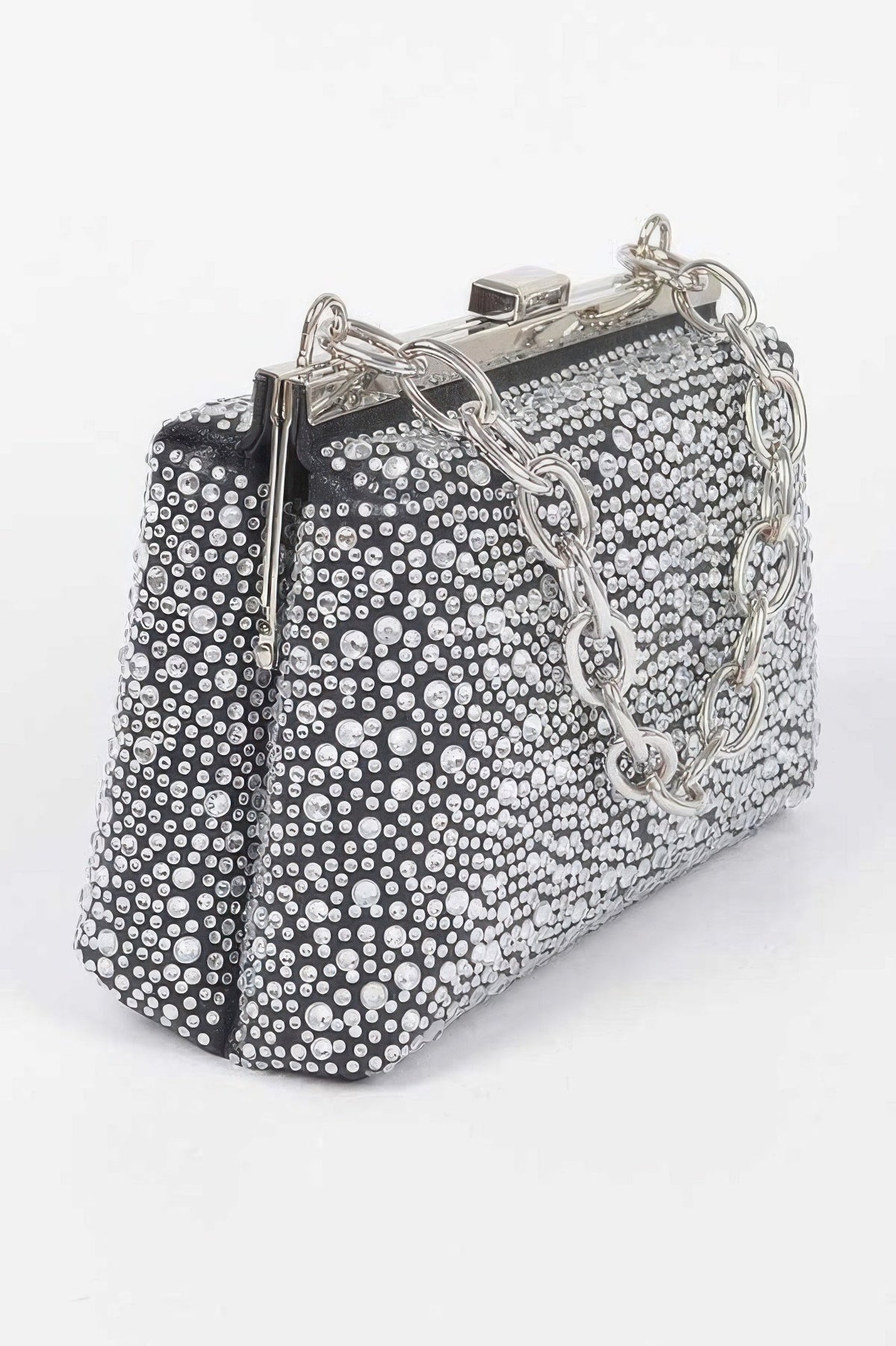 Rhinestone hotfix clutch handbag with chain strap and clasp closure, black lining