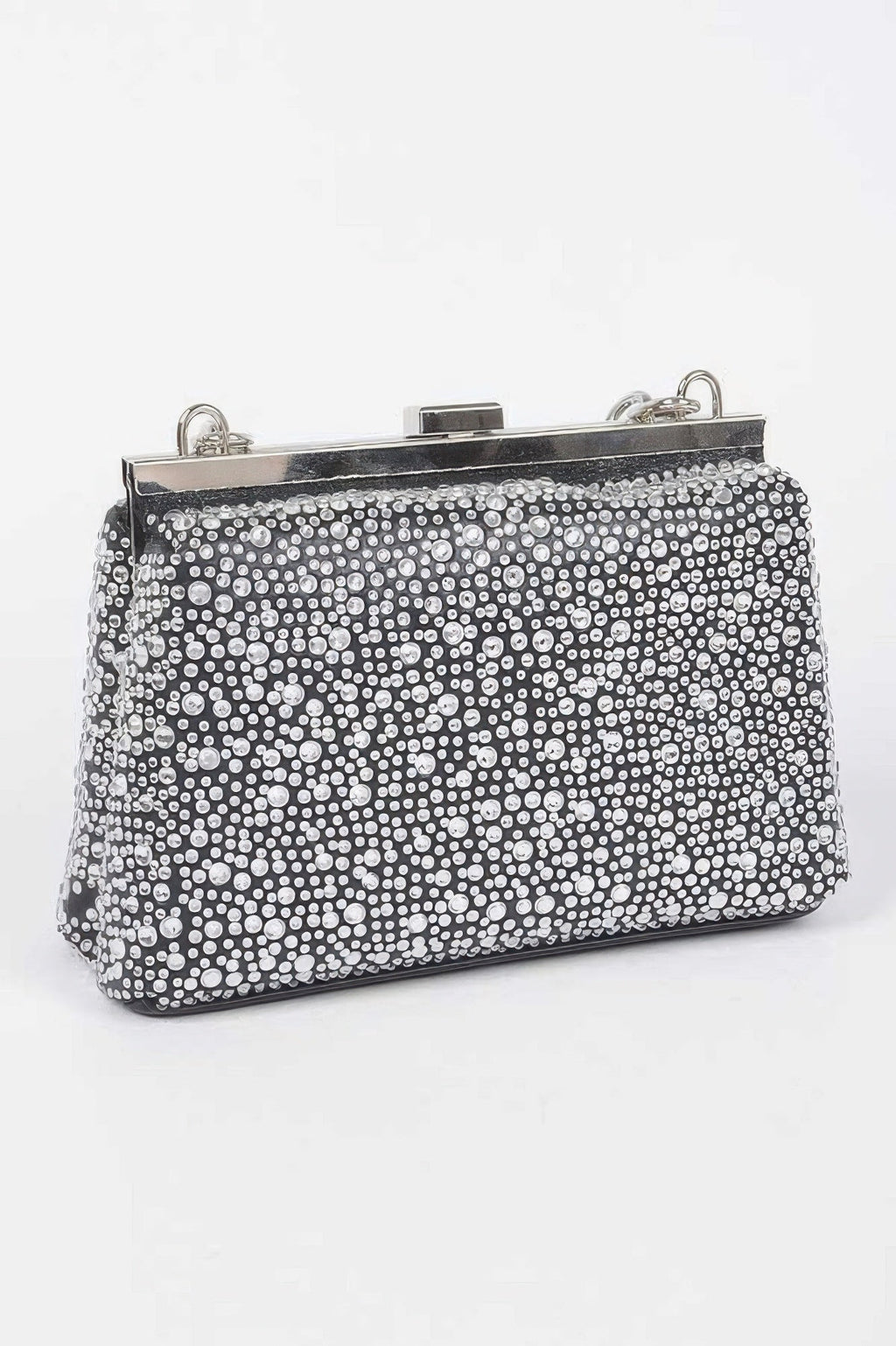 Rhinestone hotfix clutch handbag with metal frame clasp and chain handles, black trim