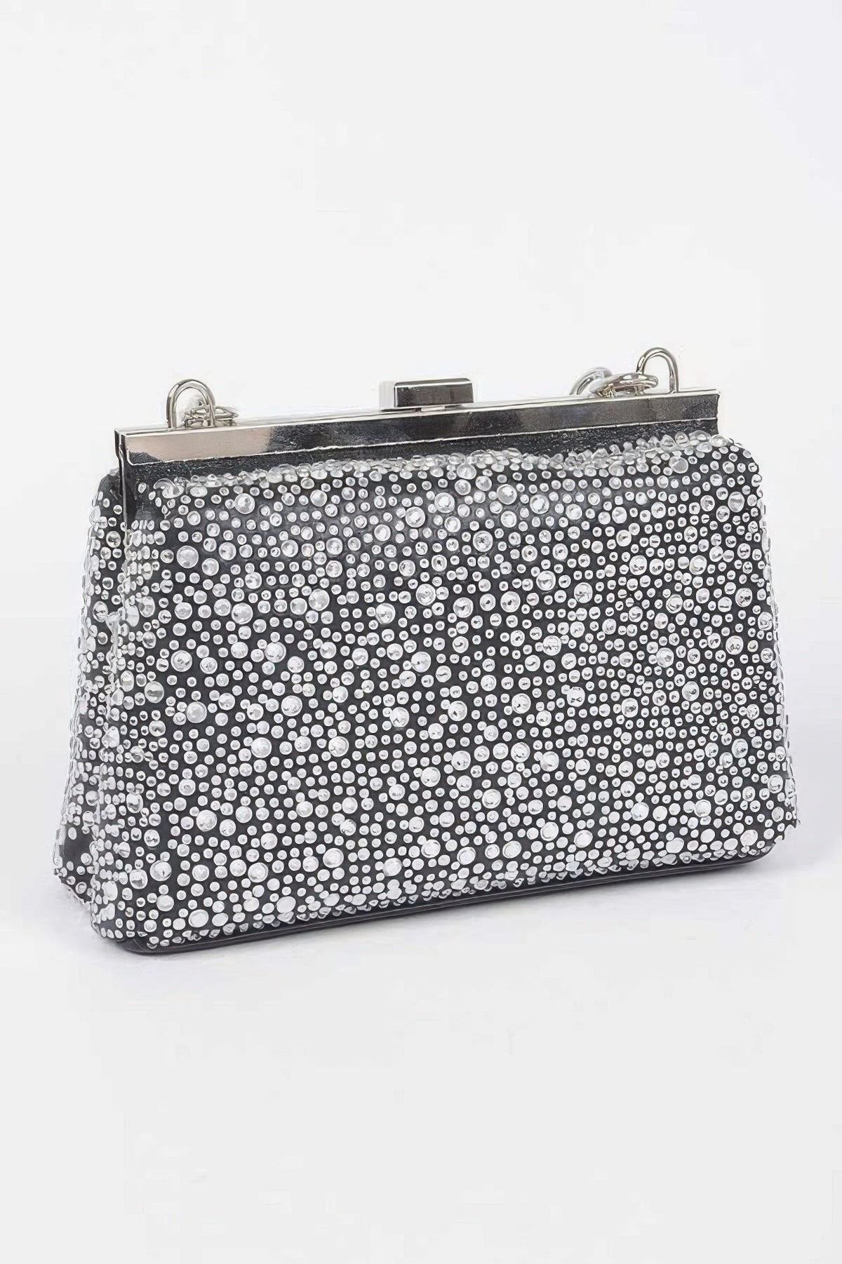 Rhinestone hotfix clutch handbag with metal frame clasp and chain handles, black trim