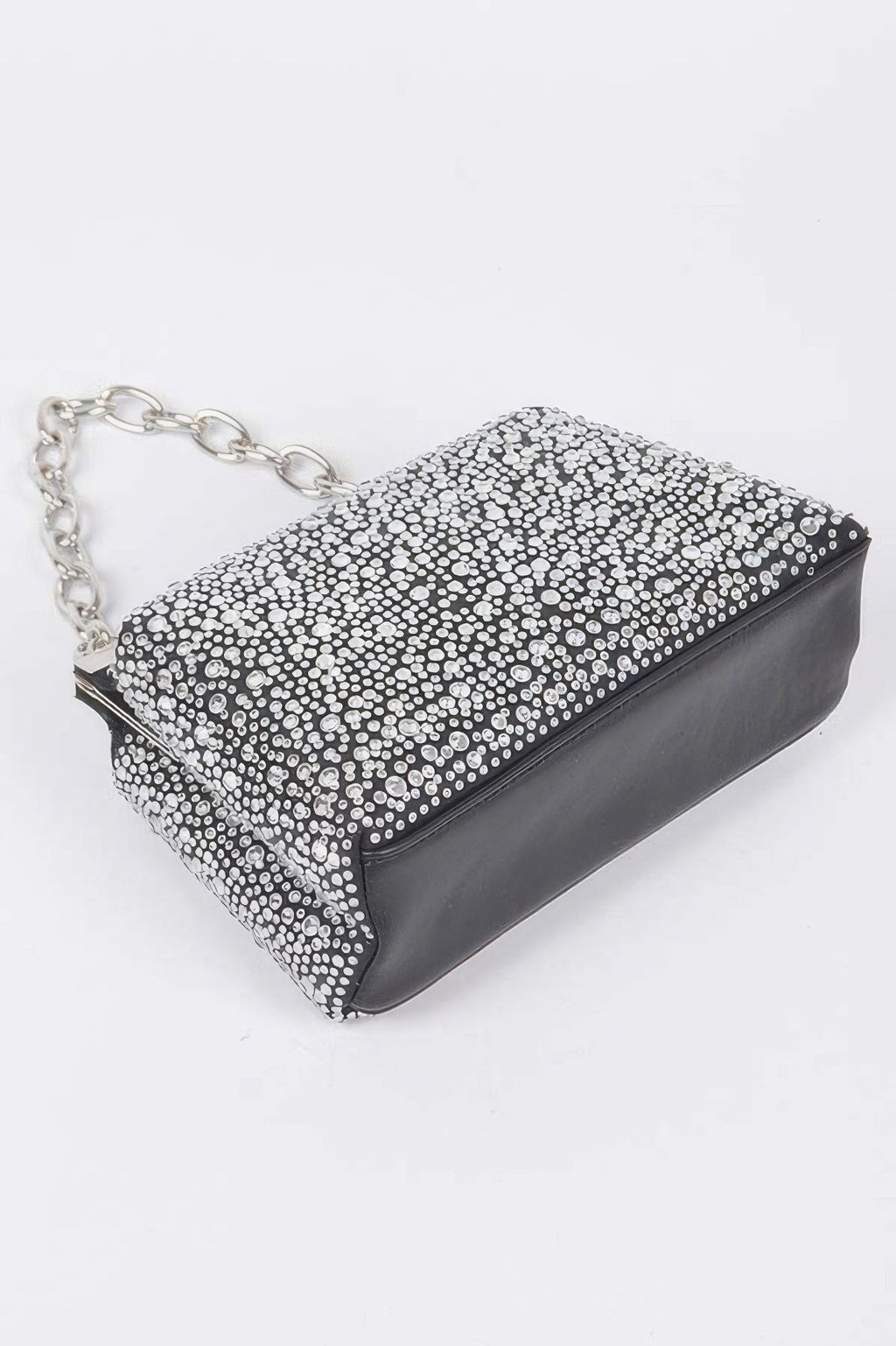 Rhinestone hotfix clutch handbag with chain strap, textured black flap trim and spine