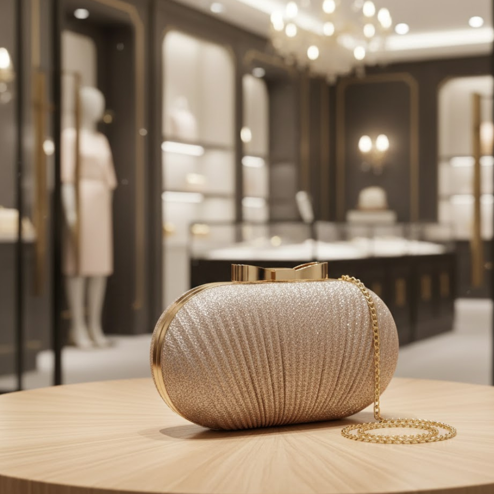 Gold textured clutch with top clasp and detachable chain on display table