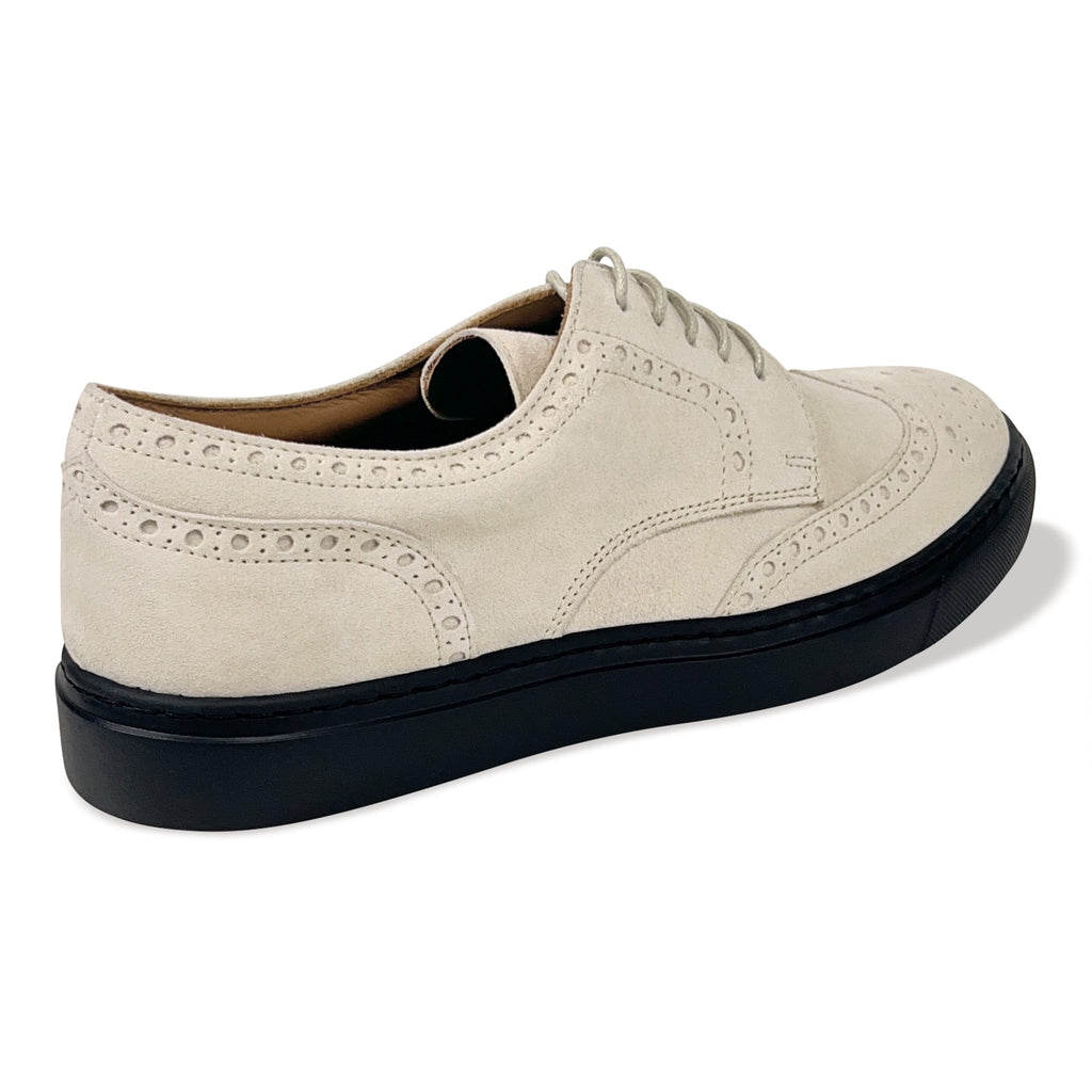 Ivory lace-up oxford shoe, back view with stitched heel panel and black sole