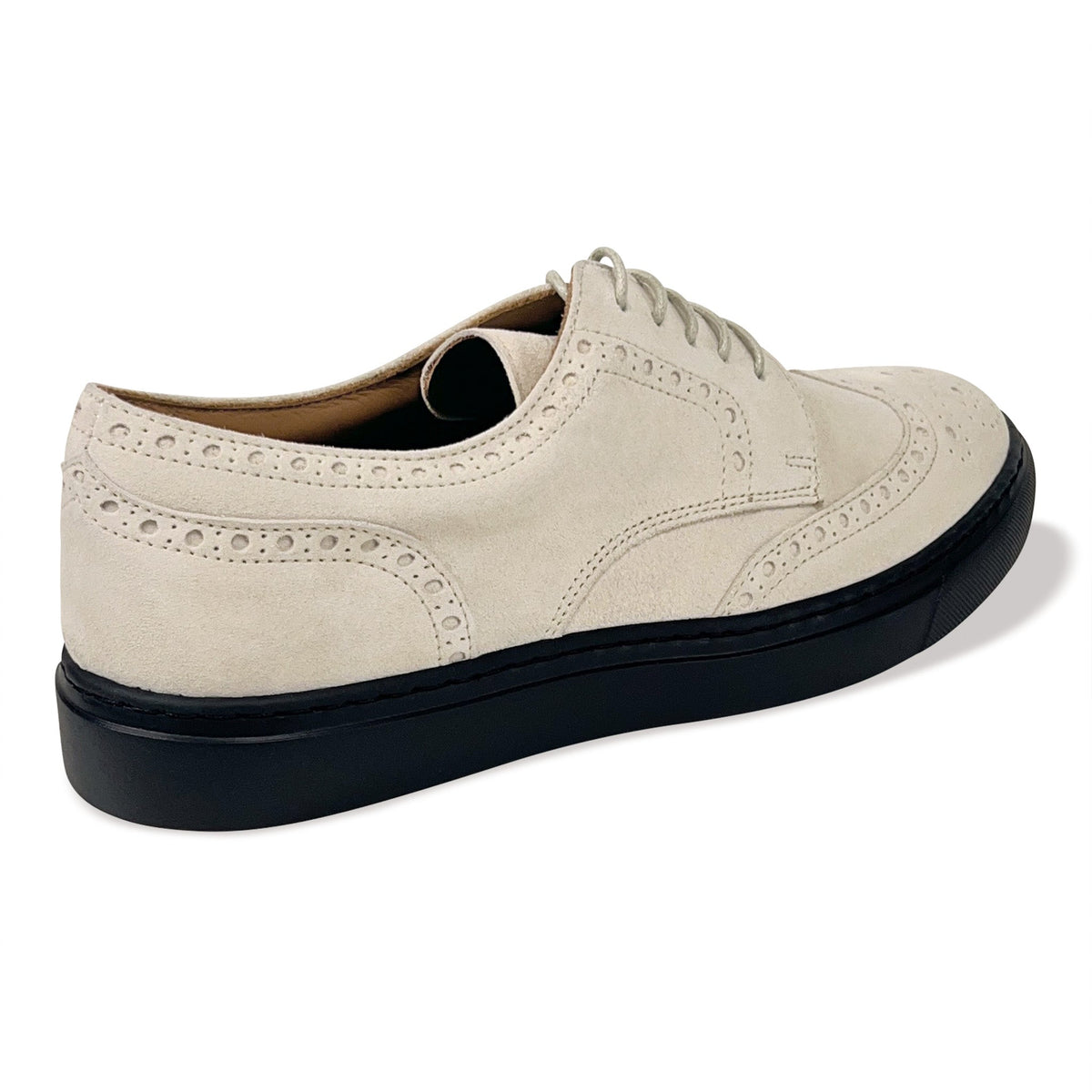 Ivory lace-up oxford shoe, back view with stitched heel panel and black sole