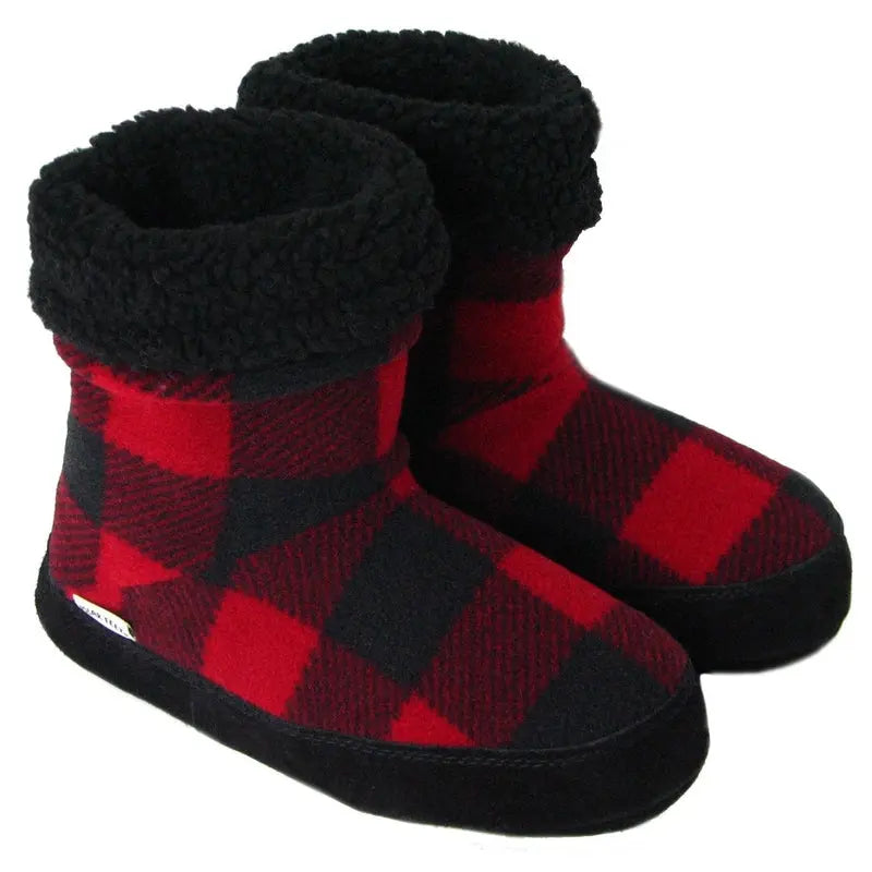 Women’s buffalo plaid snugs with black sherpa cuff and red-black check upper