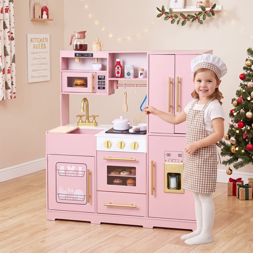 Pink wooden play kitchen with sink, cooktop, oven, and side fridge doors