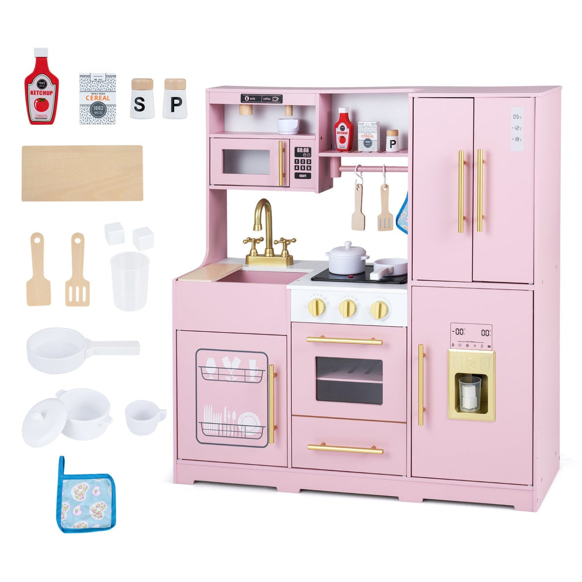 Pink wooden play kitchen set with built-in stove, sink, oven, and accessory pieces