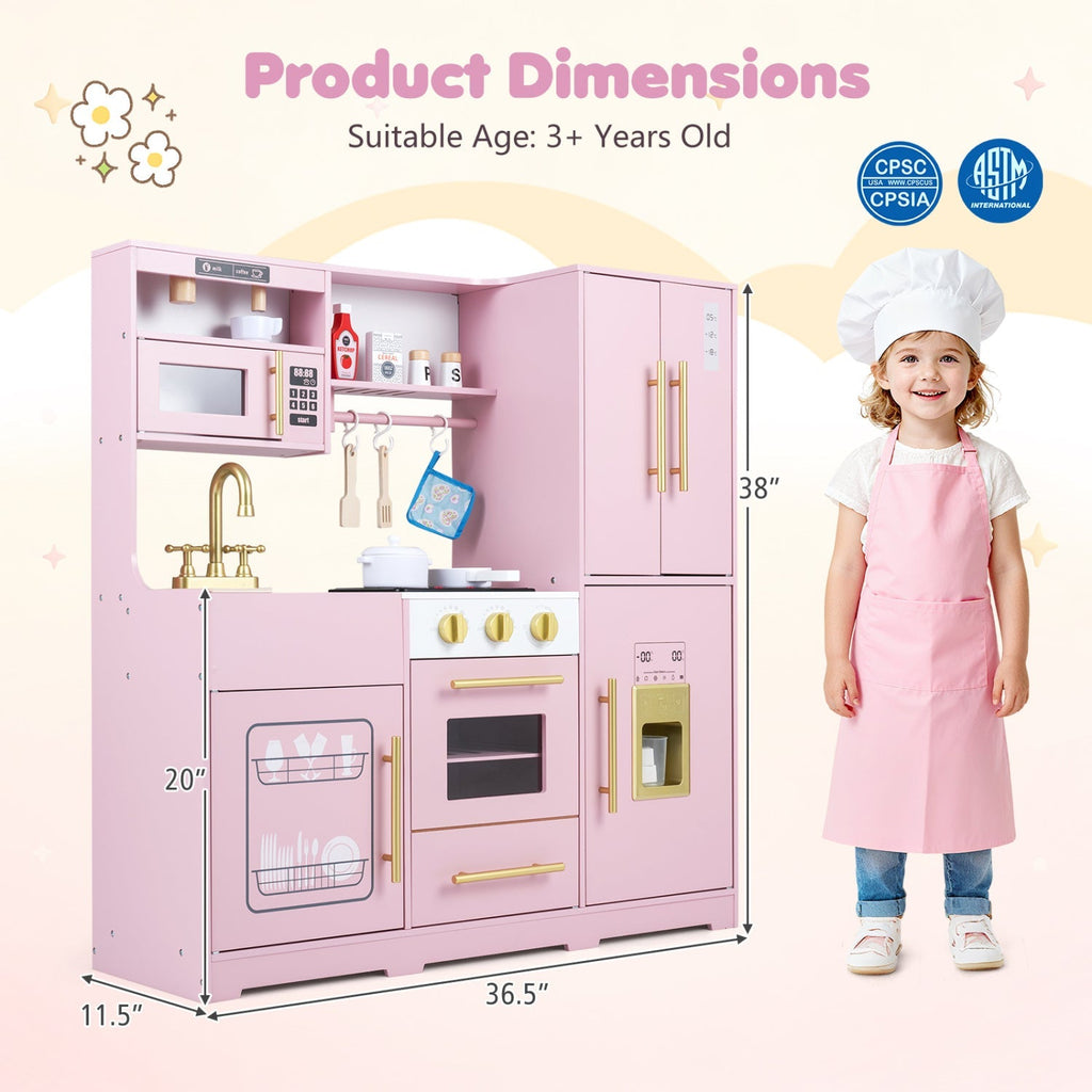 Pink wooden play kitchen with microwave panel, oven, and side freezer-style door