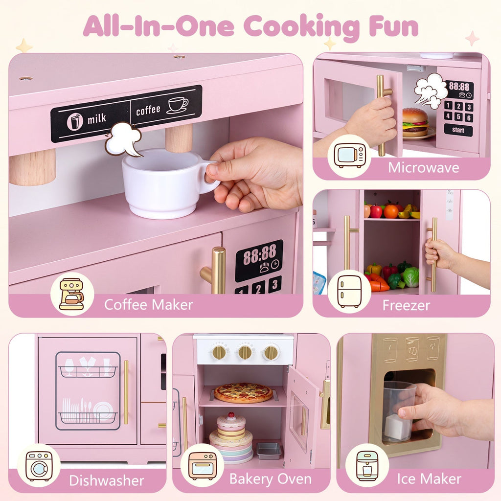 Pink wooden play kitchen with labeled feature panels for coffee maker and microwave