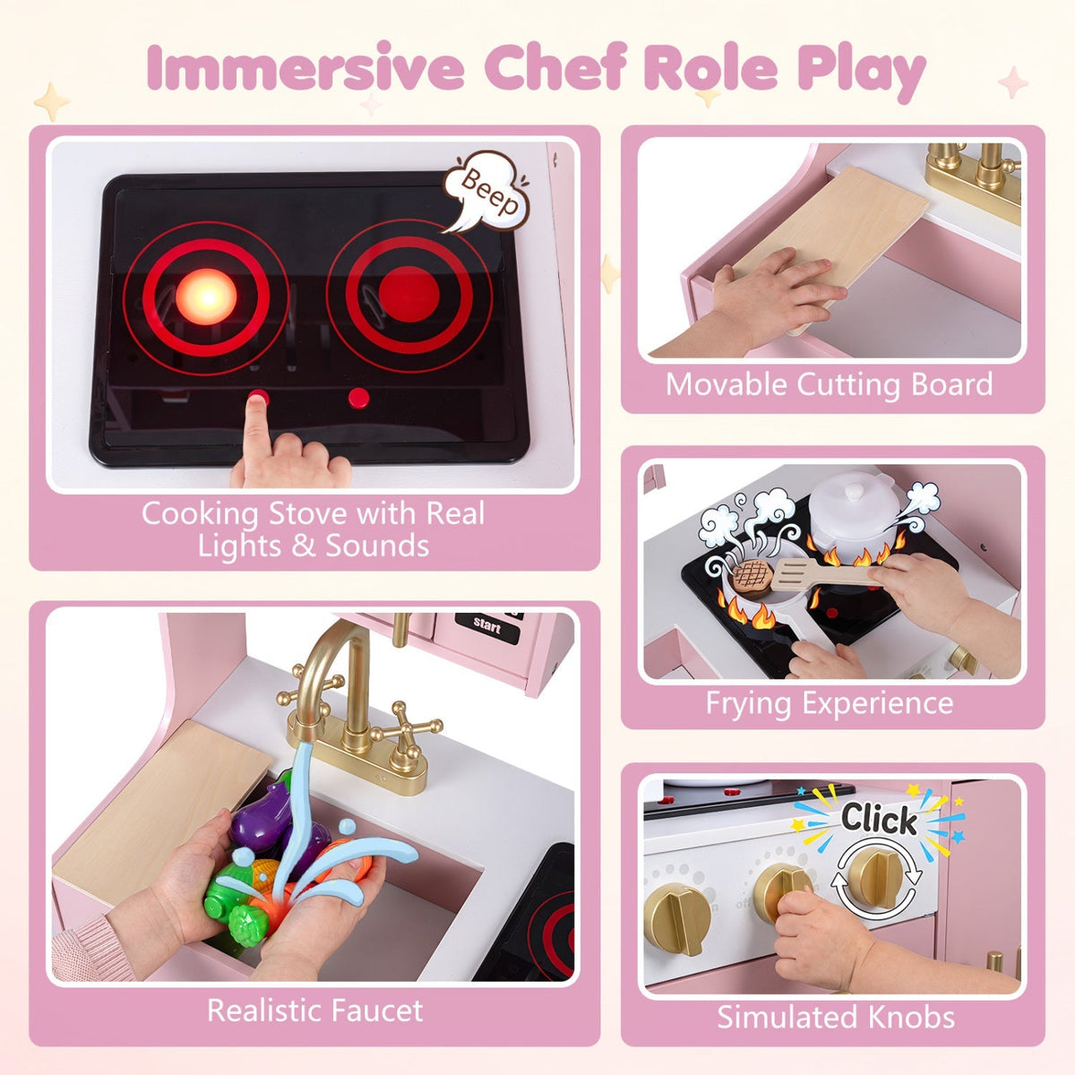 Pink wooden play kitchen stove with light and sound-style control area and tools