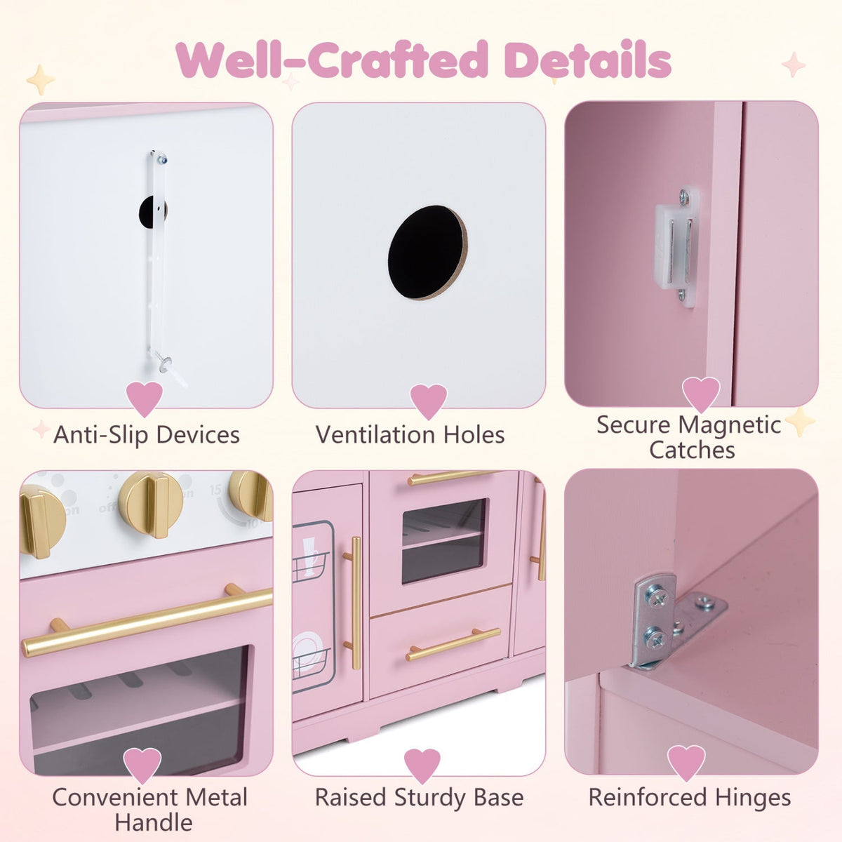 Pink wooden play kitchen detail view of handles, vents, and reinforced door hinges