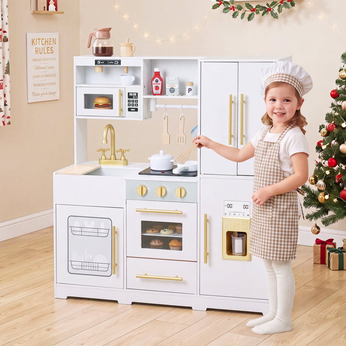 White wooden play kitchen with sink faucet, cooktop controls, and oven window door