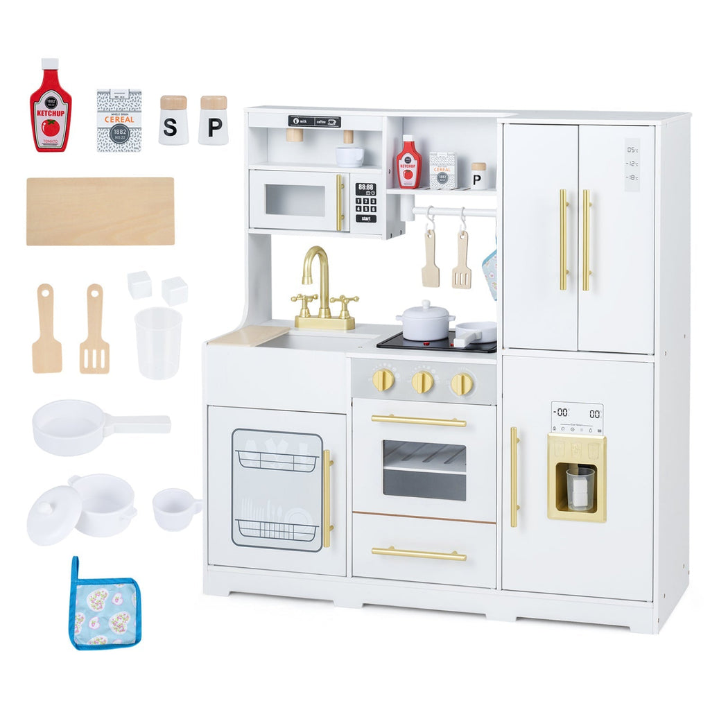 White wooden play kitchen set with gold faucet, stove, oven door, and cabinet