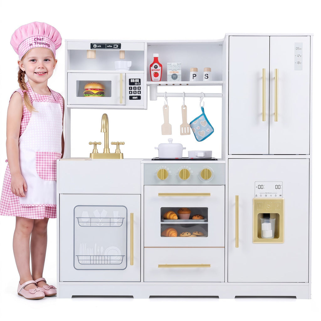 White wooden play kitchen with gold handles, sink, oven, and refrigerator cabinet doors