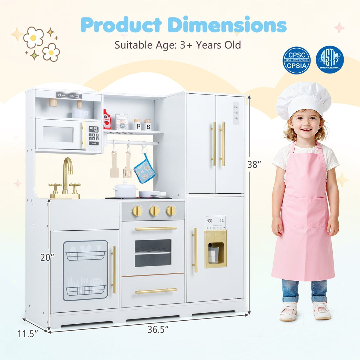 White wooden play kitchen with sink, oven, and refrigerator doors
