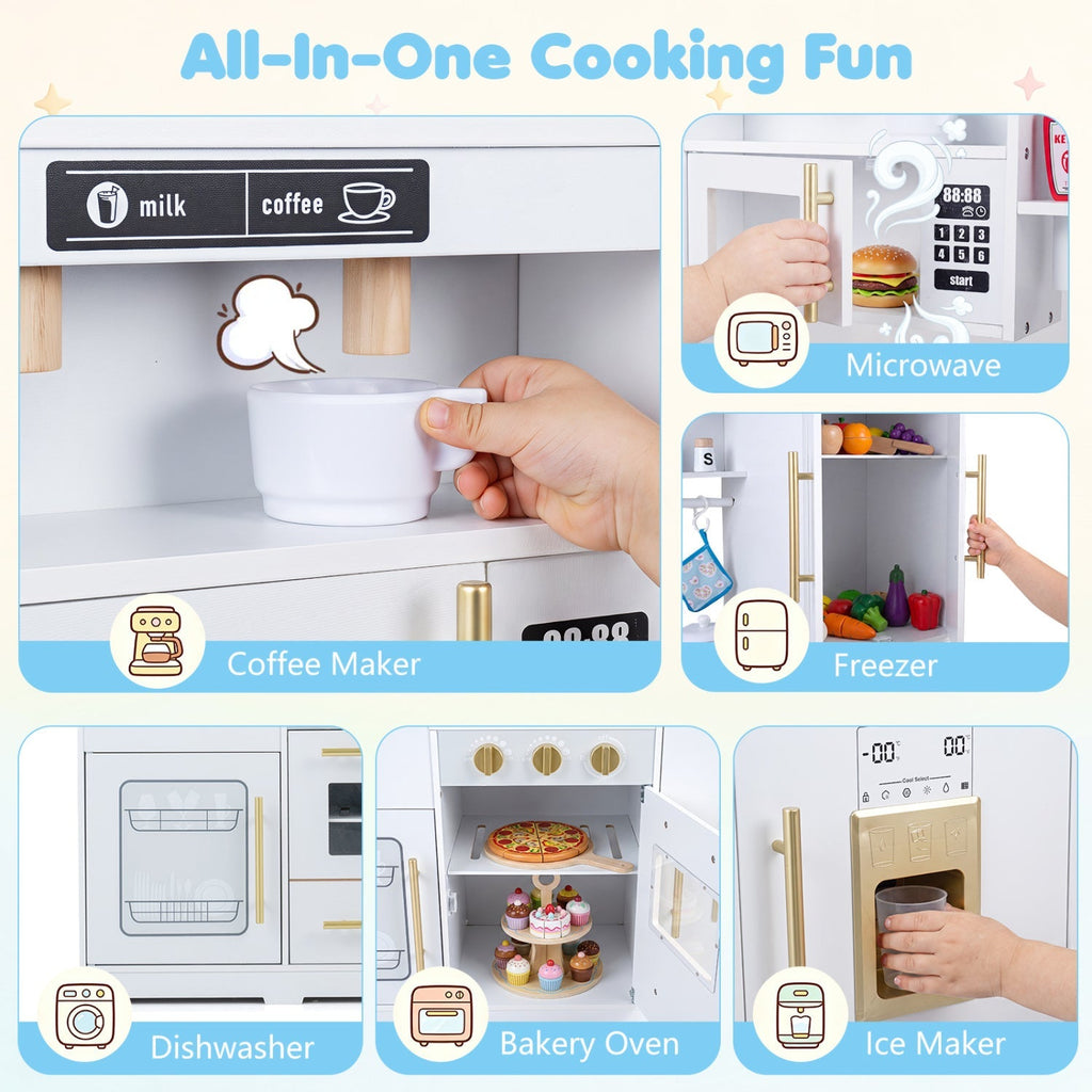 White play kitchen with built-in microwave, freezer, ice maker, and dishwasher areas