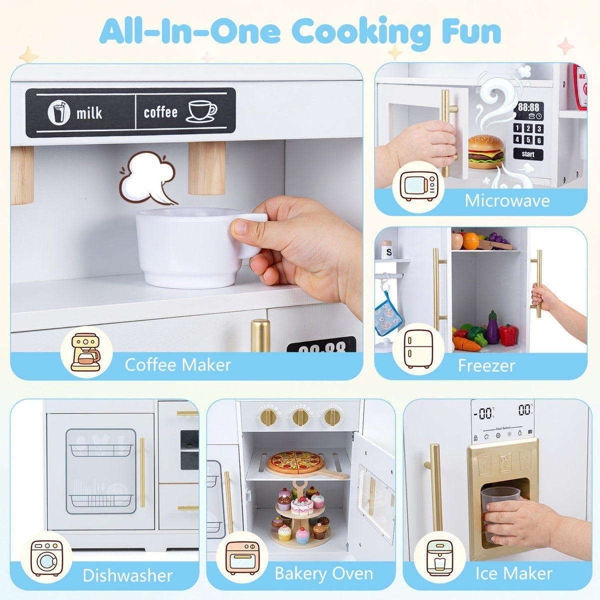 White play kitchen with built-in microwave, freezer, ice maker, and dishwasher areas