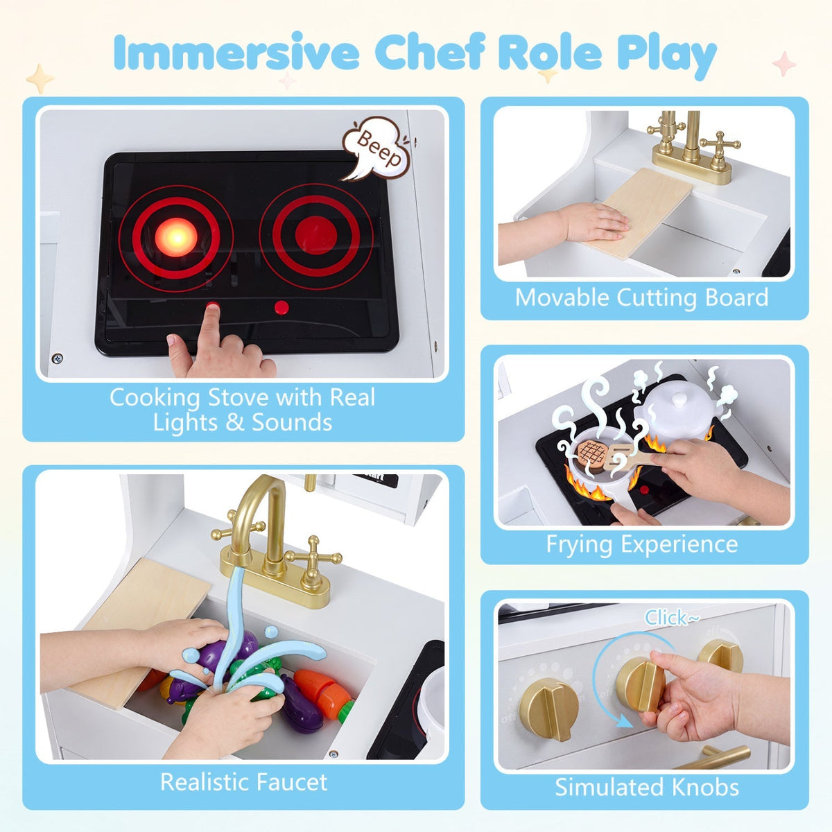 White play kitchen stove with light-and-sound burners, realistic faucet, and accessories