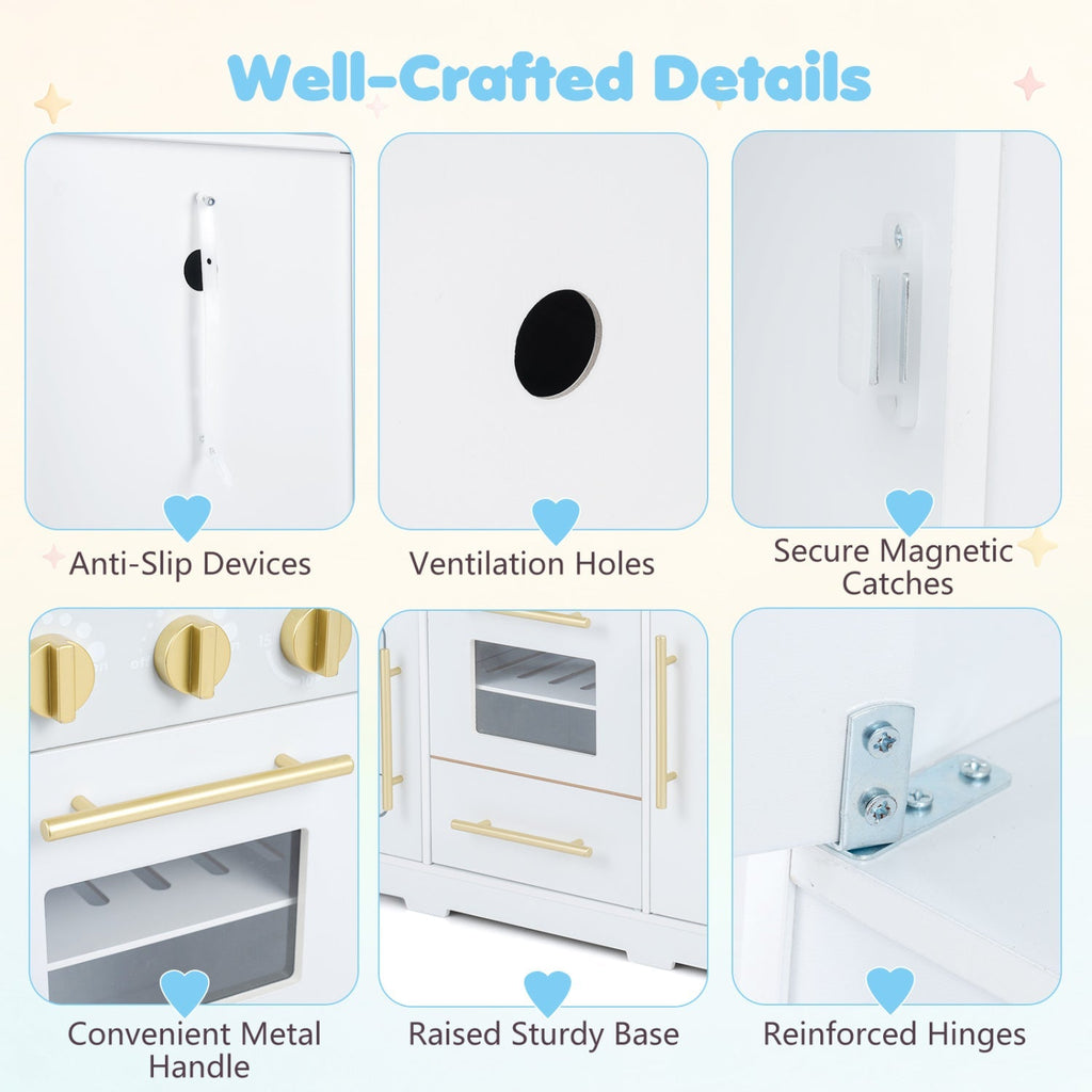 White play kitchen with magnetic catches, ventilation holes, and reinforced hinges