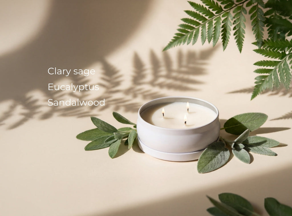 White 3-wick candle in round jar with green herb sprigs around it; flames lit