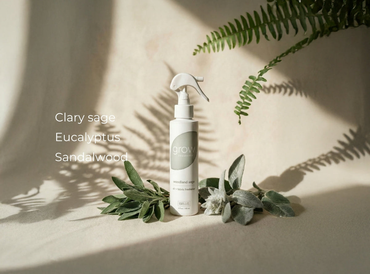 Woodland sage spray bottle standing among sage and eucalyptus leaves