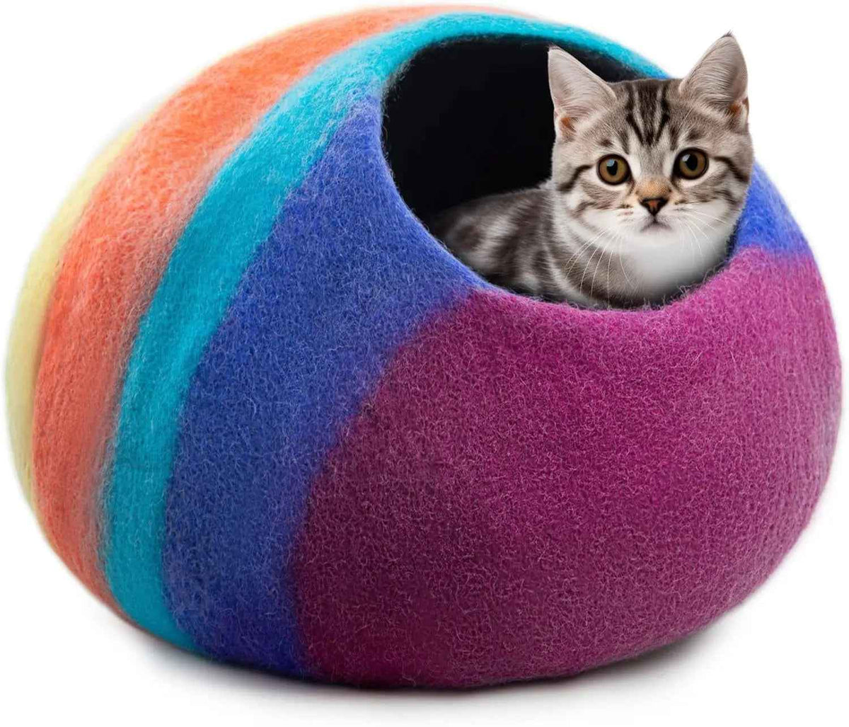 Rainbow merino wool cat cave bed with a kitten inside