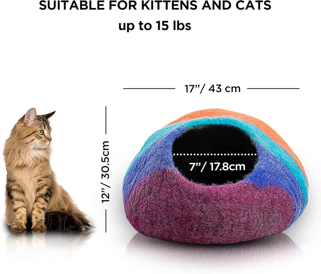Rainbow wool cat cave bed with opening and dimensions shown