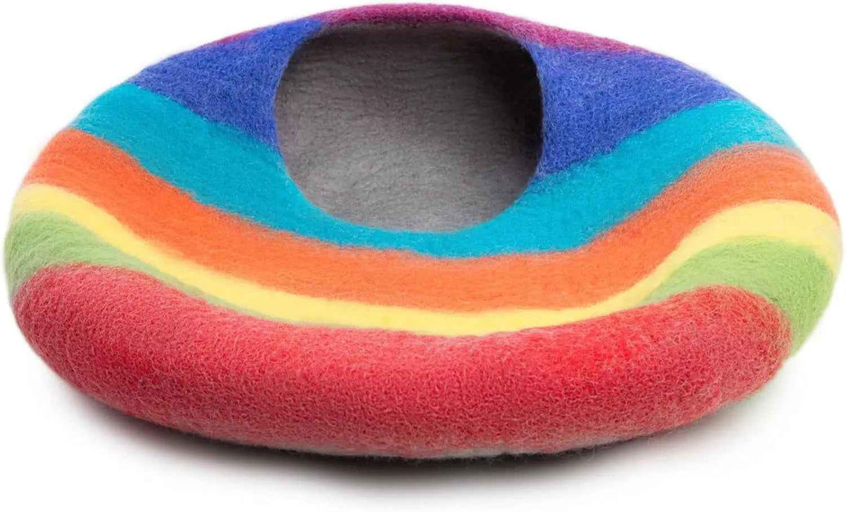 Rainbow wool cat cave bed with a wide opening and striped exterior