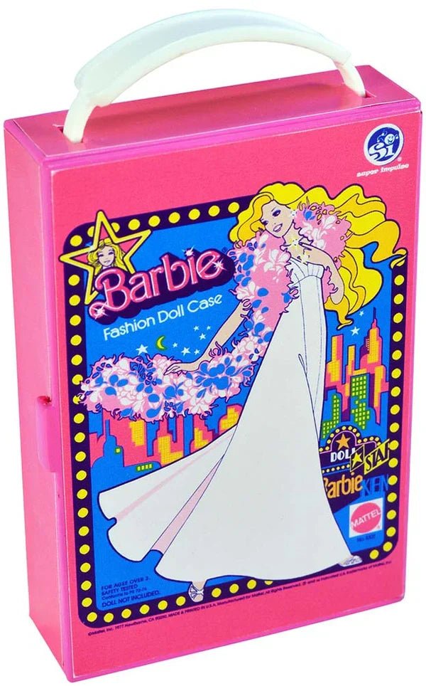 Pink Barbie Fashion Doll Case with handle and illustrated dress front panel