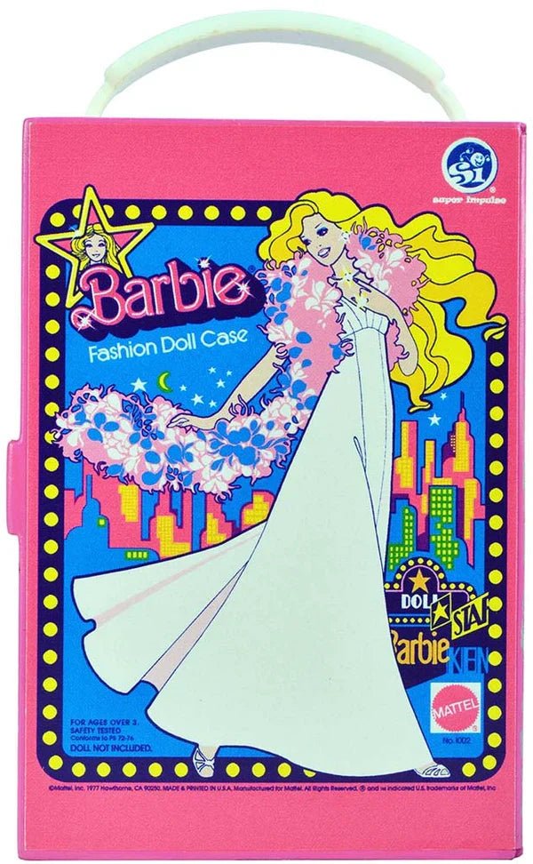 Barbie Fashion Doll Case with illustrated city and dress design on front