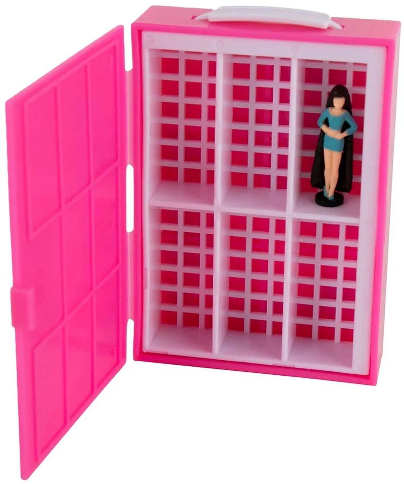 Open Barbie Fashion Doll Case with interior grid storage and seated miniature doll