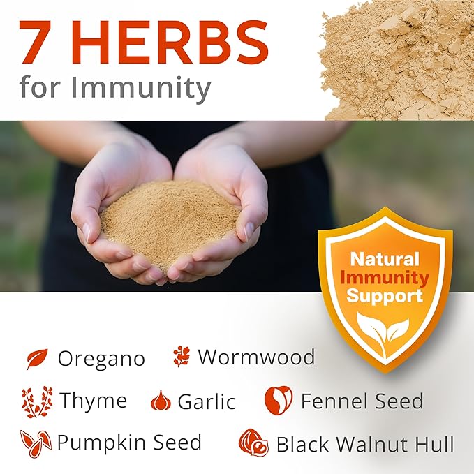 Brown herbal dewormer powder for chickens held in hands with Natural Immunity Support badge