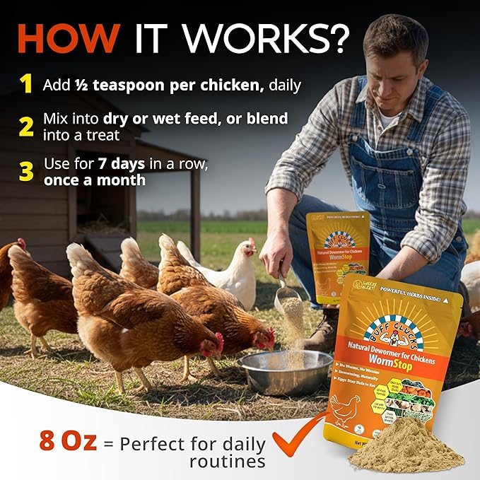 WormStop chicken dewormer pouch with herbal powder next to chickens on a farm
