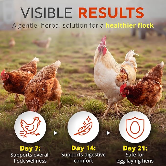 Chickens on pasture with visible results icons for a gentler herbal dewormer