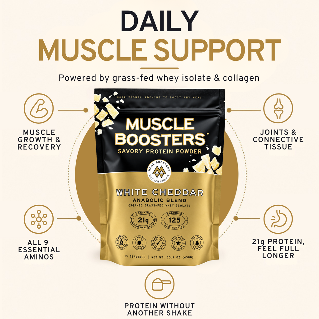 Standing protein powder pouch with gold and black packaging for muscle support