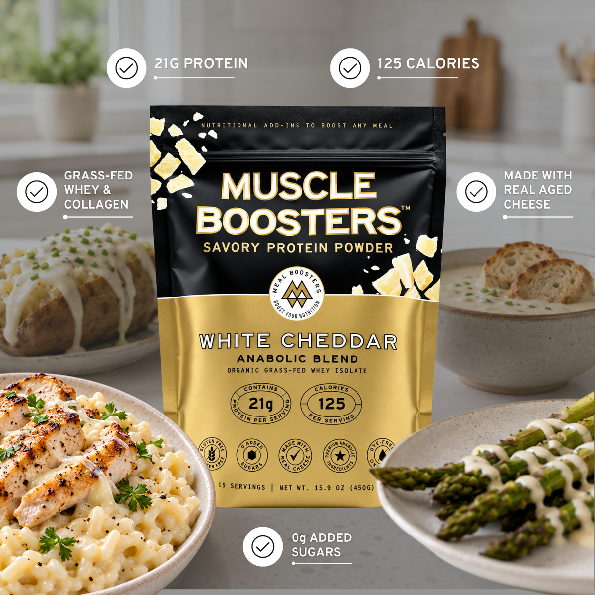 Protein powder pouch with White Cheddar flavor text and serving icons