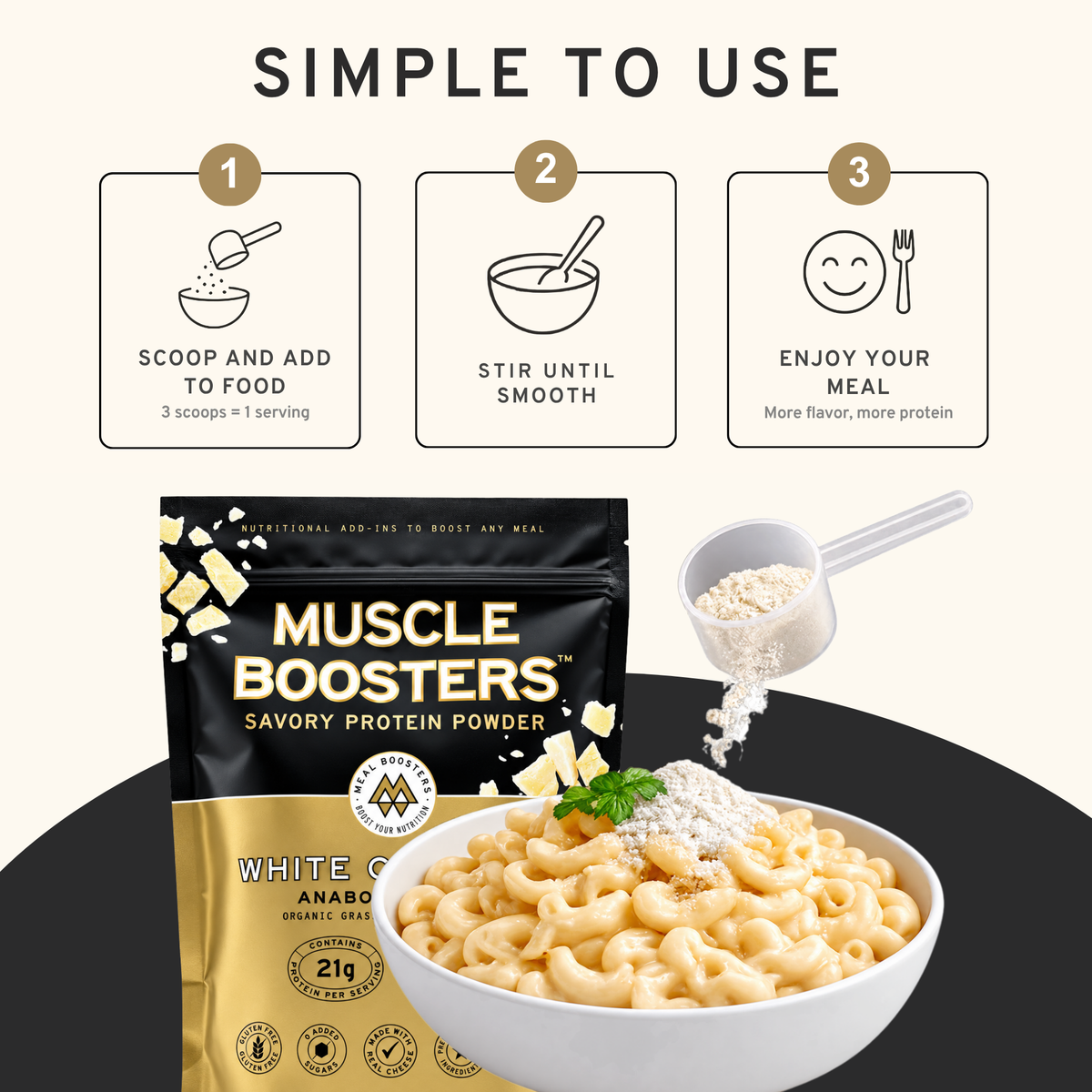 Protein powder pouch next to scoop and bowl of powdered protein