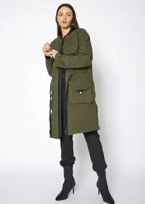 Olive long utility jacket with front zipper, flap pockets, and long sleeves