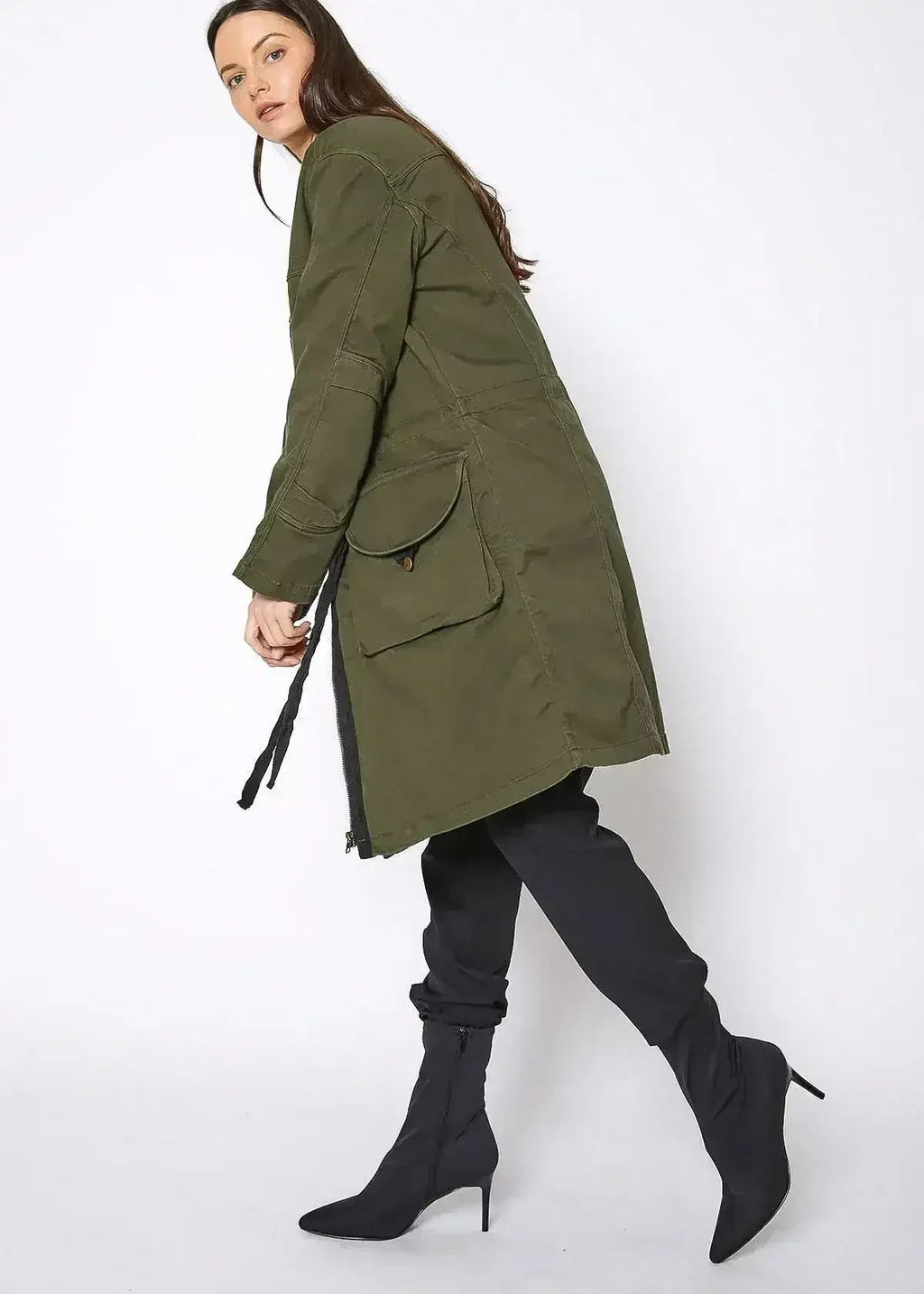 Olive long utility jacket with front zipper and flap pockets, long sleeves