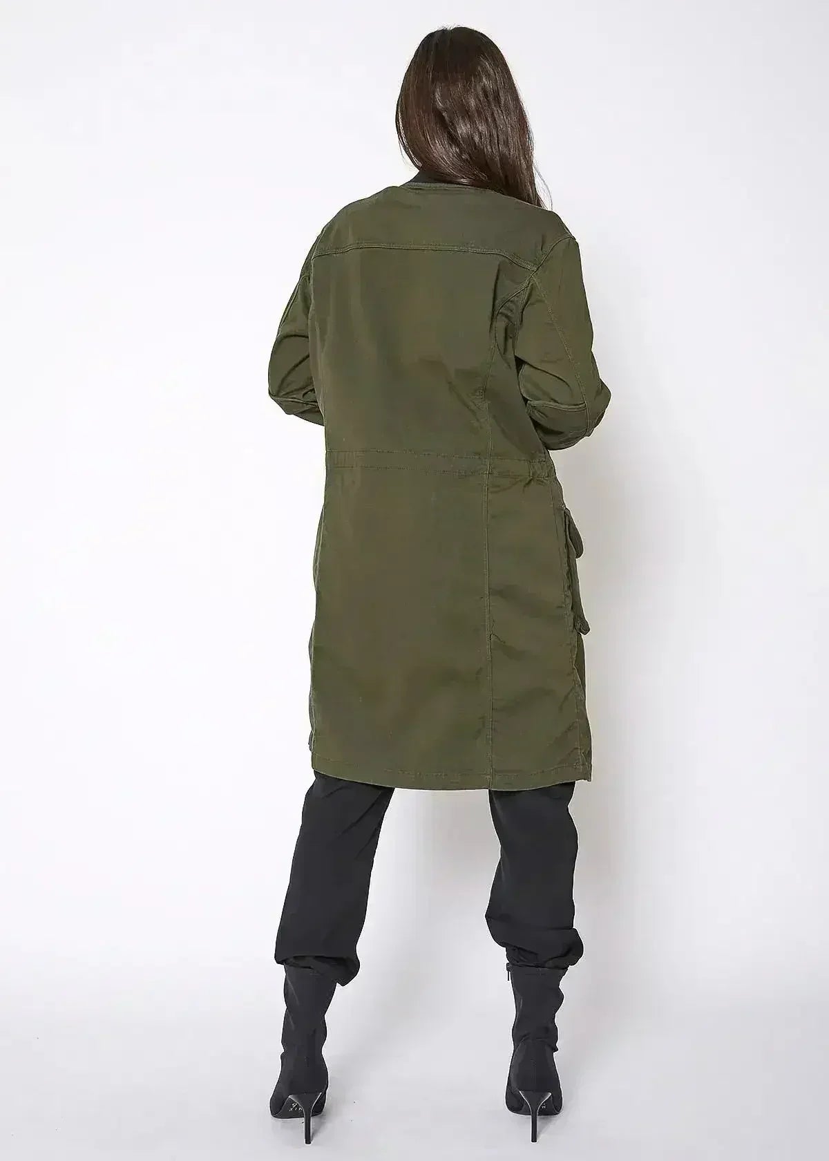 Olive long utility jacket, back view with zipper and utility pockets